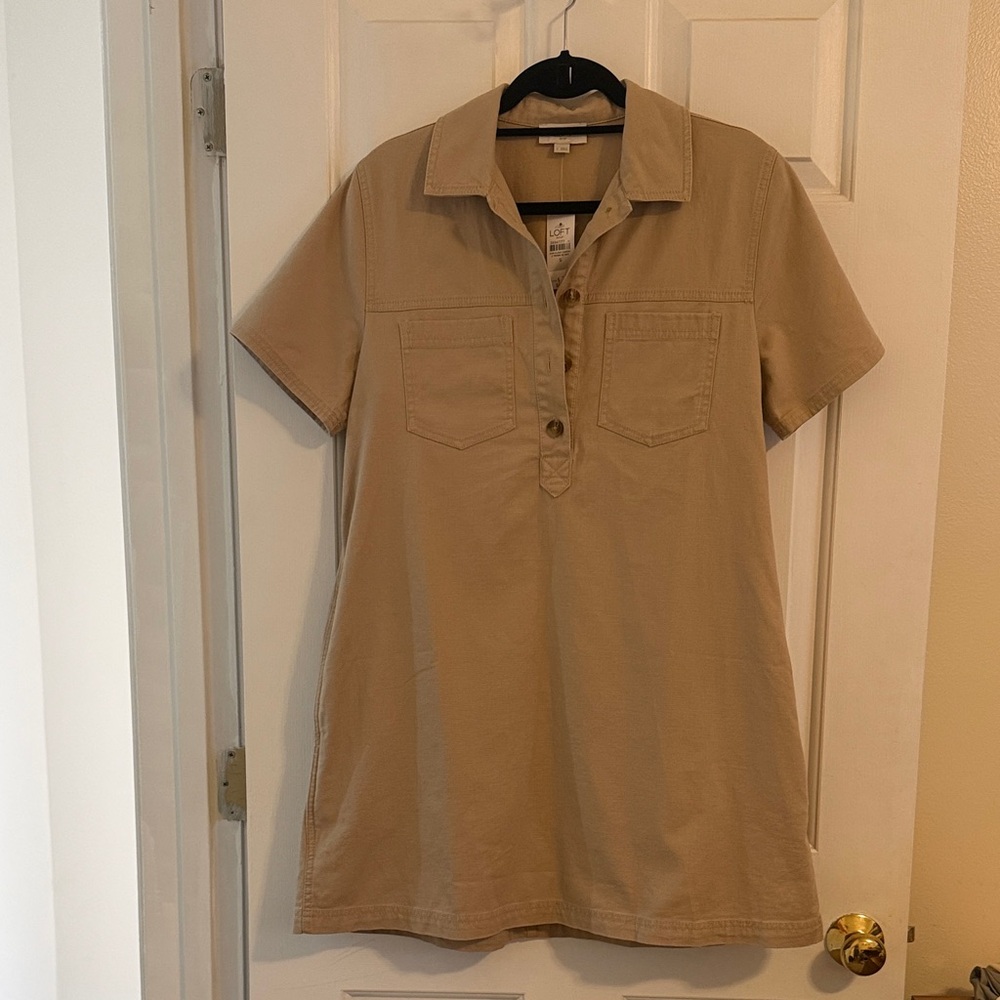 LOFT Tan Button-Down Short Sleeve Dress